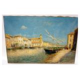 1137	OIL PAINTING ON CANVAS OF CANAL SCENE SIGNED R EKGART, APPROXIMATELY 21 IN X 31 1/4 IN, HAS REP