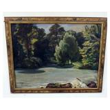 1138	OIL PAINTING ON CANVAS OF FOREST W/STREAM SIGNED, APPROXIMATELY 34 IN X 42 IN