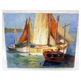 1139	OIL PAINTING ON CANVAS OF SAILBOATS ON SHORE, SIGNED, APPROXIMATELY 14 IN X 18 IN