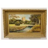 1140	OIL PAINTING ON CANVAS FRAMED OF CASTLE BY STREAM, SIGNED, APPROXIMATELY 21 IN X 31 IN