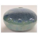 1149	UNUSUAL LARGE ART POTTERY BULBOUS VASE, GREEN W/MOTHER OF PEARL STYLE FINISH AT TOP, SIGNED ON 