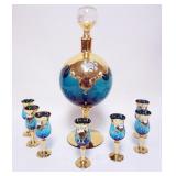 1158	VINTAGE ITALIAN VENETIAN CORDIAL SET, UNUSUAL FOOTED BALL SHAPE DECANTOR, DECANTOR APPROXIMATEL