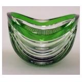 1160	GREEN CUT TO CLEAR UNUSUAL SHAPED BOWL W/GROUND & POLISHED BASE, APPROXIMATELY 6 IN HIGH