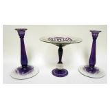1164	AMETHYST TO CLEAR 3 PIECE CONSOLE SET, CANDLESTICKS ARE APPROXIMATELY 9 1/2 IN HIGH