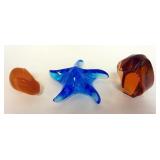 1172	3 PIECE LOT GLASS STARFISH, AMBER RABBIT, & AMBER EAGLE PAPERWEIGHT W/GROUND & POLISHED BOTTOM,