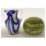 1175	ART GLASS PITCHER W/GROUND & POLISHED BASE & BALL SHAPED VASE W/GREEN LATTICE & SWIRL DESIGN