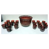 1176	OUTSTANDING RUBY CUT TO CLEAR PUNCH BOWL & 20 CUPS, BOWL IS APPROXIMATELY 11 IN X 7 1/2 IN HIGH