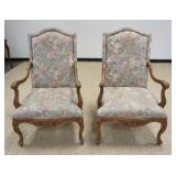 1249	PAIR OF UPHOLSTERED CARVED ARMCHAIRS, FINISH WEAR ON ARMS