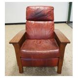 1251	MISSION STYLE OAK RECLINING CHAIR WLEATHER CUSHIONS, STAINING ON CUSION TOP PILLOW