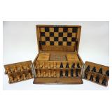 1263	ANTIQUE GAMING SET IN FITTED OAK CASE, CHESS, CHECKERS, BACKGAMMON AND DOMINOES, APPROXIMATELY 