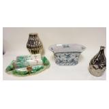 1269	4 PIECE LOT OF DECORATIVE POTTERY INCLUDING SILVER FINISHED JONATHAN ALDER VASE