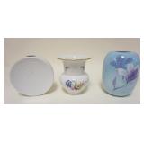 1276	3 PIECE LOT INCLUDING ASAIN POTTERY VASE, GERMAN DISC SHAPED VASE & KPM VASE