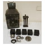 1300	LOT OF ASSORTED PRIMITIVE VICTORIAN ITEMS & BRASS LANTERN, COOKIE CUTTERS, SPICE BOXES, CANDLE 