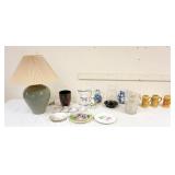 1302	LOT OF ASSORTED POTTERY & CHINA INCLUDING SIMON PIERCE LAMP, CHINA DISHES, ICE BUCKET, CIDER MU