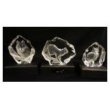 1304	MATS JONASSUN CRYSTAL, SWEDEN SIGNED & NUMBERED, WOLF, OWL & BOBCAT ON WOOD STANDS, LARGEST IS 