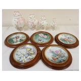 1312	CANNISTER SET & 1989 COLLECTOR IMPERIAL JINGDEZHEN BIRD PLATES, 2 WOOD FRAMES ARE SPLIT