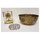 1316	METAL LOT INCLUDING COLONIAL WILLIAMSBURG TRIVIT, ASIAN BRASS BOWL & KUNDO CLOCK