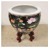 1324	LARGE ASIAN JARDINIERE W/KOI FISH ON A WOOD BASE, APPROXIMATELY 19 IN HIGH OVERALL