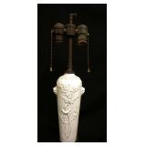 1016	ASIAN POTTERY TABLE LAMP W/RELIEF FOO DOG PROFILES & FLOWERING TREE BRANCH W/BIRD, APPROXIMATEL