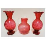 1041	CRANBERRY GLASS LOT, 2 MATCHING 10 1/2 IN HIGH VASES & PITCHER