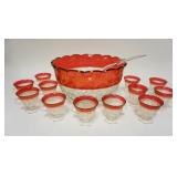 1042	PUNCH SET W/CRANBERRY FLASHED FINISH INCLUDING 12 HANDLED PUNCH CUPS