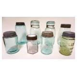 1049	LOT OF 8 ANTIQUE MASON JARS INCLUDING ATLAS STRONG SHOULDER, WHITNEY 1858, MAINE CONDENSED MILK