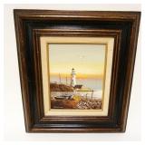 1051	OIL PAINTING ON BOARD OF LIGHTHOUSE SIGNED JONATHAN, APPROXIMATELY 16 IN X 18 IN OVERALL