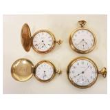 1080	LOT OF 4 WALTMAN & ELGIN POCKET WATCHES IN GOLD FILLED CASES,  AS FOUND