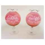 1086	PAIR OF CRANBERRY WHEEL CUT FOOTED VASES, APPROXIMATELY 8 IN HIGH