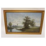 1097	OIL PAINTING ON BOARD LANDSCAPE FIELD W/STREAM, APPROXIMATELY 29 IN X 19 IN OVERALL