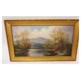 1103	ANTIQUE OIL PAINTING LANDSCAPE WOODED W/STREAM & MOUNTAIN IN BACKGROUND, APPROXIMATELY 13 IN X 