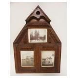 1104	ANTIQUE TRAMP ART FRAME IN THE SHAPE OF A HOUSE W/3 PHOTOS, APPROXIMATELY 12 IN X 16 1/2 IN HIG