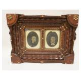 1105	ANTIQUE TRAMP ART SHADOW BOX FRAME W/2 ANCESTOR PHOTOS, ACCENTED W/PORCELAIN & BRASS BUTTONS, A