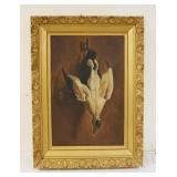 1107	ANTIQUE OIL PAINTING ON CANVAS OF PHEASANT, SOME PAINT LOSS, APPROXIMATELY 29 IN X 40 IN OVERAL