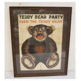 1112	ANTIQUE FRAMED LINEN W/BEAR PRINTED ALONG W/TEDDY BEAR PARTY, CHILDS GAME OR POSSIBLY POLITICAL