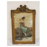 1113	ANTIQUE PRINT OF WOMAN SITTING ON STONE WALL ALONG SHORE W/A BASKET OF APPLES, LOSS TO FRAME, S