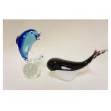 1126	LOT OF 2 MURANO STYLE FIGURES, DOLPHIN & WHALE PAPERWEIGHTS, TALLEST IS APPROXIMATELY 9 IN HIGH