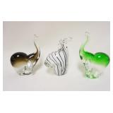 1127	LOT OF 3 MURANO STYLE GLASS ELEPHANTS & ZEBRA, LARGEST IS APPROXIMATELY 9 IN HIGH