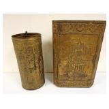 1171	PAIR OF BRASS ENGLISH FIREPLACE KINDLING & TOOL STORAGE HOLDERS, LARGEST IS APPROXIMATELY 22 IN