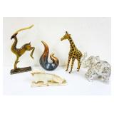 1182	GROUP OF DECORATIVE ANIMALS INCLUDING CARVED WOOD ELEPHANT, ONYX LION, ETC, LARGEST IS APPROXIM