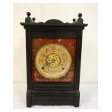 1184	ANTIQUE VICTORIAN BLACK LACQUERED SHELF CLOCK, PAINT DECORATED, APPROXIMATELY 8 1/4 IN X 15 IN 