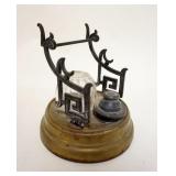 1190	ANTIQUE INKWELL & PEN HOLDER DATED 1861 W/UNUSUAL PATTERNED INK RESERVOIR, APPROXIMATELY 6 IN H