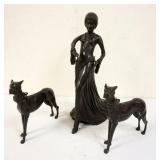 1191	CONTEMPORARY CAST METAL FIGURE OF ART DECO STYLE WOMAN WALKING 2 DOGS, APPROXIMATELY 18 IN HIGH