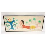1201	MIDCENTURY MODERN WATERCOLOR SIGNED JUDY TARGEN 1955, BOY FEEDING BABY BIRDS W/WORM, APPROXIMAT