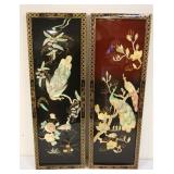 1210	2 ASIAN BLACK LACQUERED PANELS W/3 DIMENSIONAL APPLIED MOTHER OF PEARL PEACOCK ON TREE LEAVES &