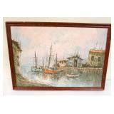 1211	CONTEMPORARY OIL PAINTING ON CANVAS, HARBOR SCENE, APPROXIMATELY 29 IN X 41 IN SIGNED JONES
