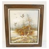 1215	OIL PAINTING ON CANVAS, WOODED AUTUMN SCENE WITH DUCKS IN FLIGHT, SIGNED IN LOWER RIGHT, APPROX
