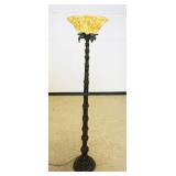 1259	TORCHIERE FLOOR LAMP WITH AMBER SHADE EMBOSSED WITH VINES