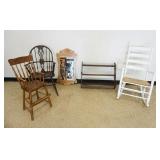 1266	GROUP OF ASSORTED CHAIRS AND WALL SHELF, CHIPPENDALE STYLE MIRROR AND PORCH ROCKER