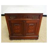 1275	VICTORIAN WALNUT MARBLE TOP WASH STAND WITH BURL MEDALLION PANELED DOORS, MISSING BACK SPLASH, 